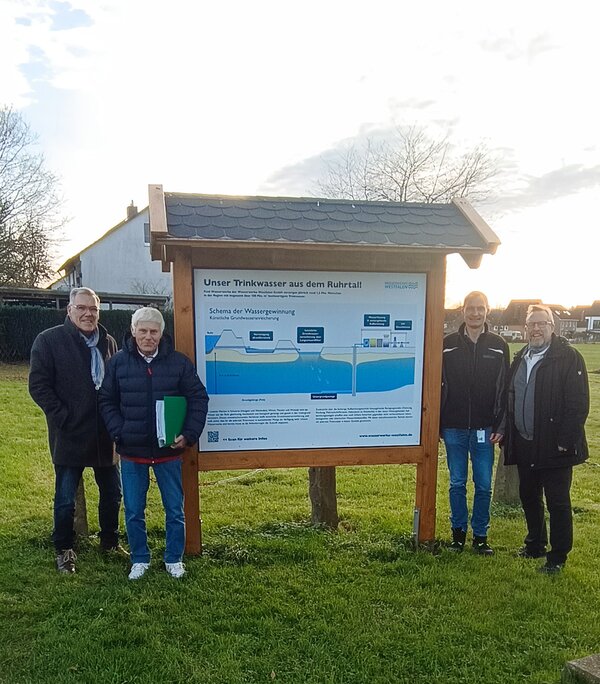 Martin Gerst, Manfred Althaus und Thomas Cichon von der Stadtteilgruppe Westhofen mit WWW-Geschäftsführer Bernd Heinz (3. v. l.) vor dem neuen Wasserinformationsschild in Westhofen.